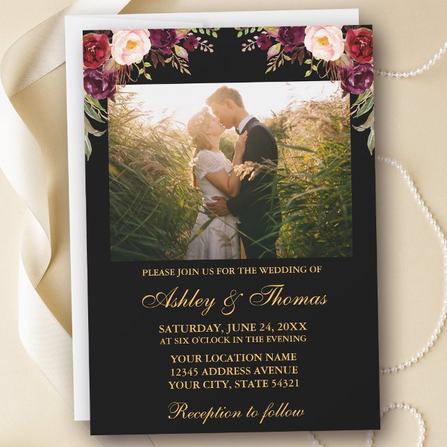 Invitación Boda Floral Borgoña Negro Oro Foto (Customize to change text size or style.)