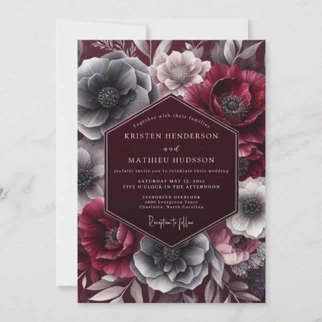 Invitación Boda floral borgoña noir (Anverso)