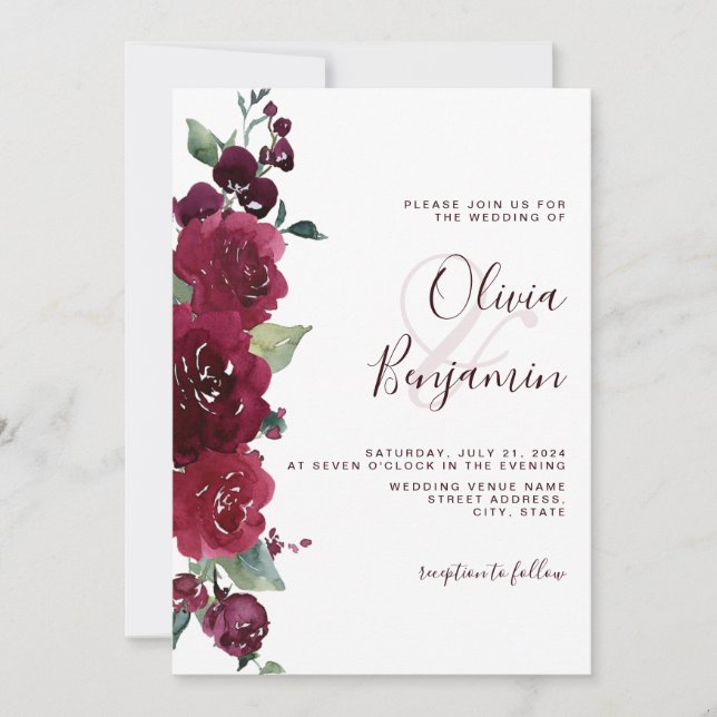 Invitación Boda Floral Borgoña Red Marsala (Anverso)
