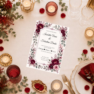 Invitación Boda floral borgoña vintage