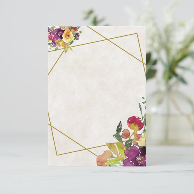 Invitación Boda floral borgoña y amarillo en blanco  (Anverso de pie)