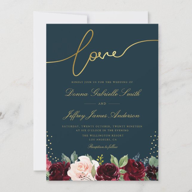 Invitación Boda floral borgoñona azul y dorado de la marina (Anverso)