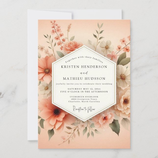 Invitación Boda Floral Borrosa de Melocotón (Anverso)