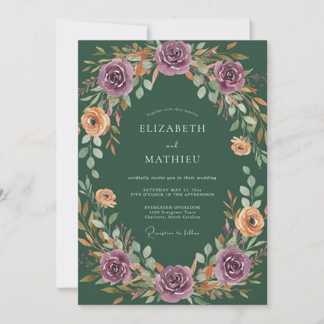 Invitación Boda floral boscosa de ciruela (Anverso)