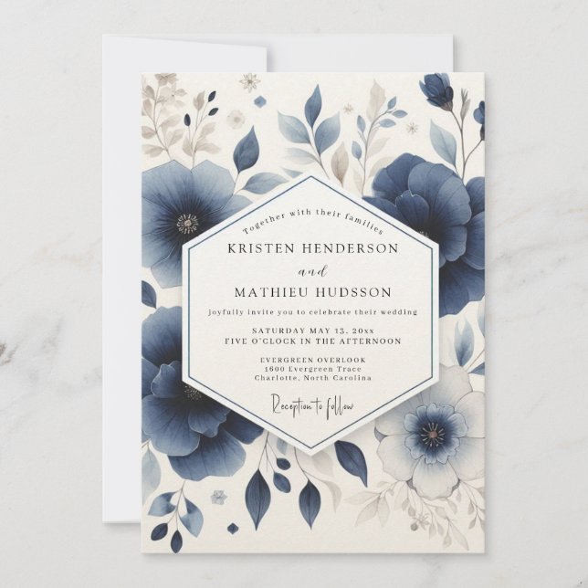 Invitación Boda Floral Bosque Profundo Azul (Anverso)