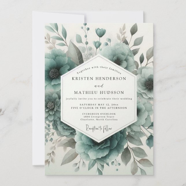Invitación Boda Floral Bosque Verde Azul (Anverso)