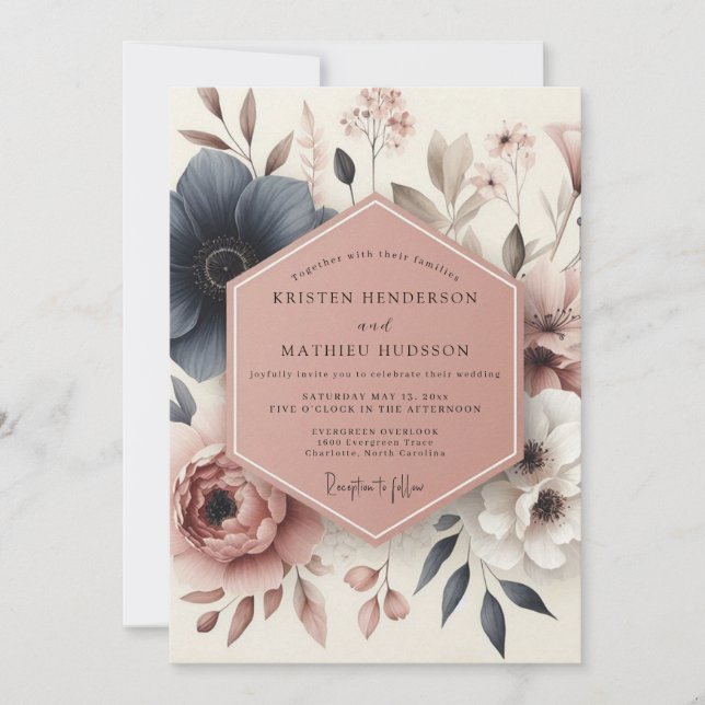 Invitación Boda Floral Botánica Azul (Anverso)