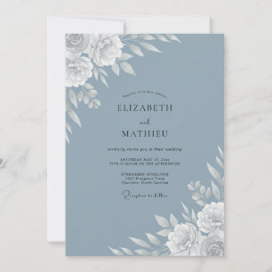 Invitación Boda floral botánica azul acero