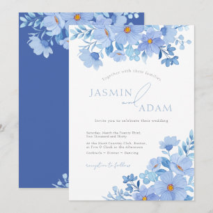 Invitación Boda floral botánica azul elegante