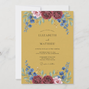 Invitación Boda Floral Botánica Azul Granate