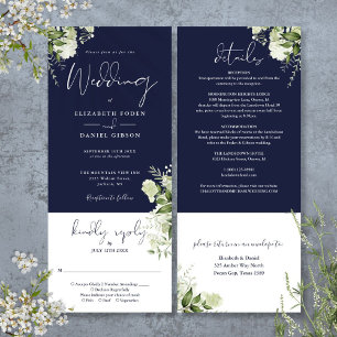Invitación Boda floral botánica azul marino todo en uno