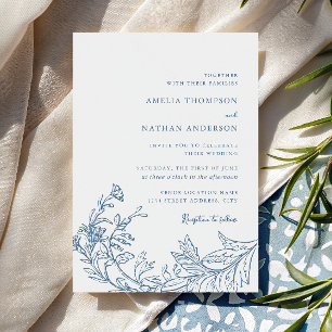 Invitación Boda Floral Botánica Azul Polvoriento Vintage