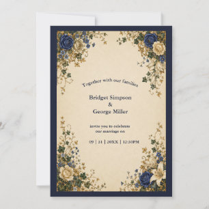 Invitación Boda floral botánica azul real medieval