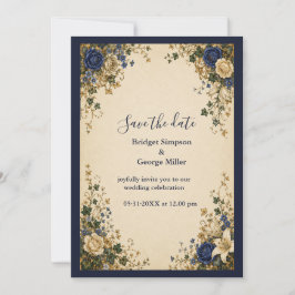 Invitación Boda floral botánica azul real medieval