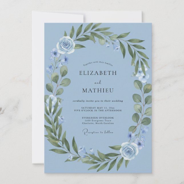 Invitación Boda floral botánica azul serena (Anverso)
