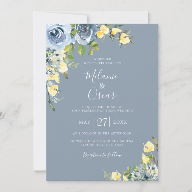 Invitación Boda floral botánica azul y amarillo turbio (Anverso)