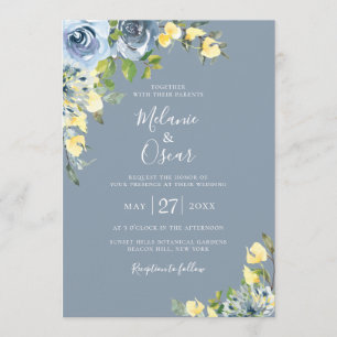 Invitación Boda floral botánica azul y amarillo turbio