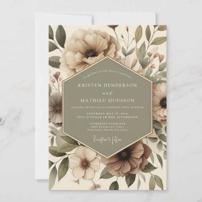 Invitación Boda Floral Botánica Beige (Anverso)