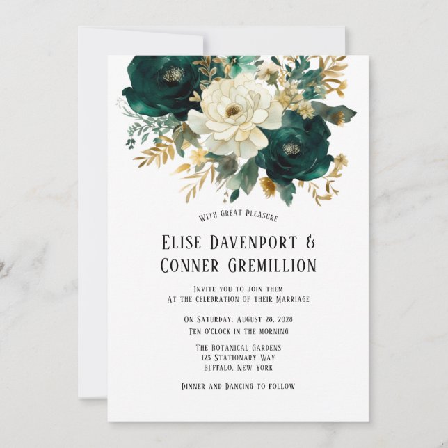 Invitación Boda Floral Botánica Blanca de Oro Verde (Anverso)