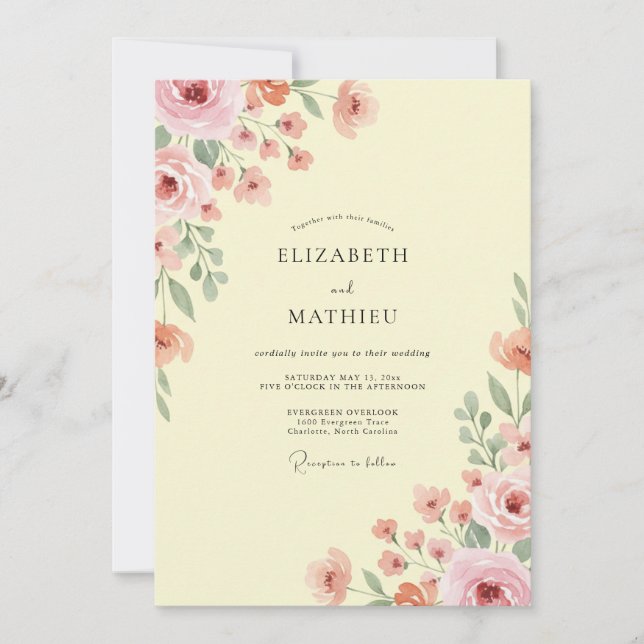 Invitación Boda floral botánica con toque de limón (Anverso)