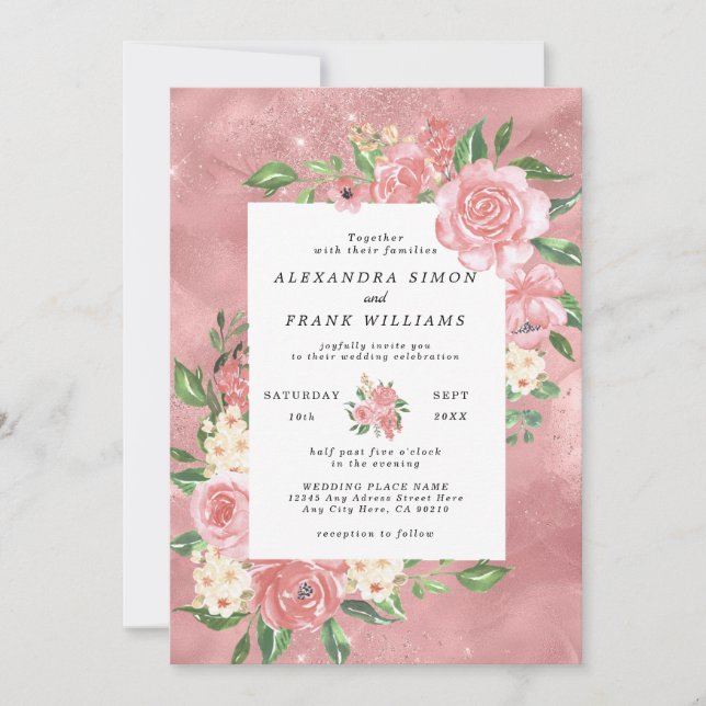 Invitación Boda floral botánica de acuarela rosa en dorado ro (Anverso)