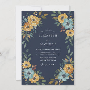 Invitación Boda floral botánica de amarillo y azul marino