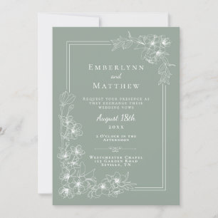 Invitación Boda floral botánica de arte de línea blanca verde