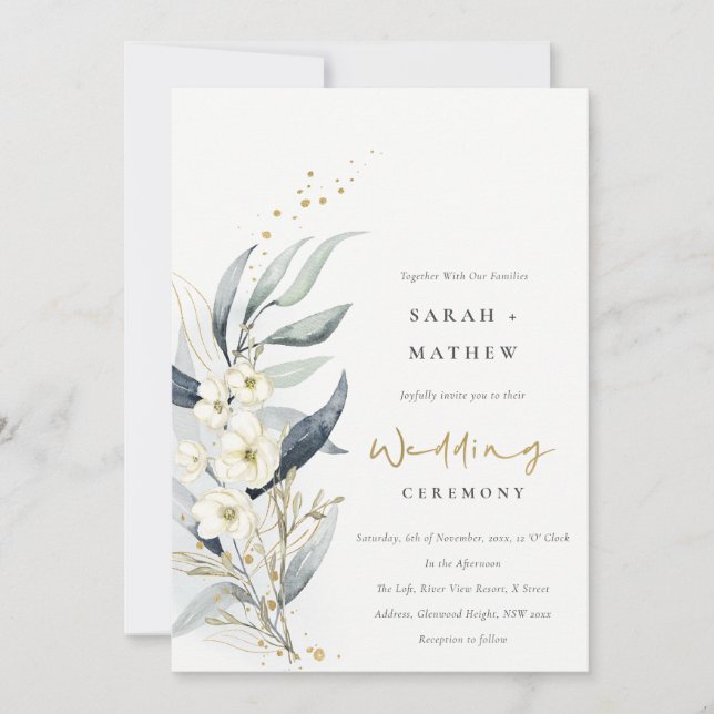 Invitación Boda Floral Botánica de Blue Green Gold Leafy (Anverso)