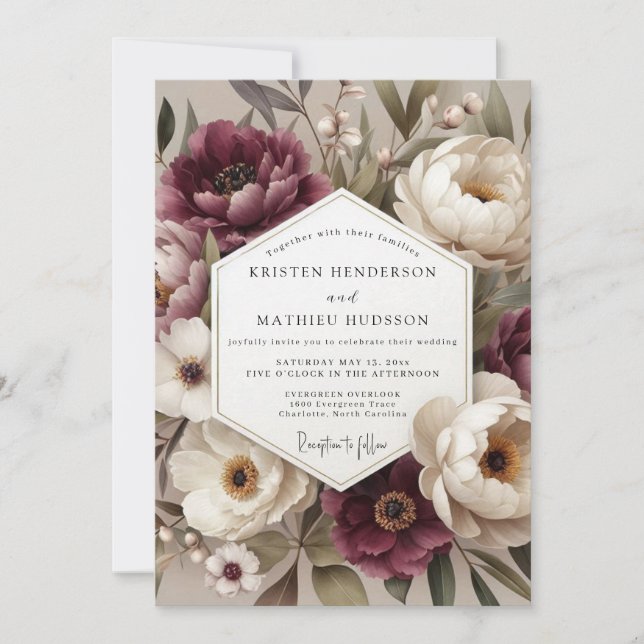 Invitación Boda Floral Botánica de Borgoña (Anverso)