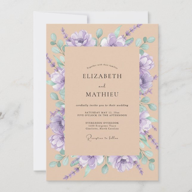 Invitación Boda floral botánica de champán lavanda (Anverso)