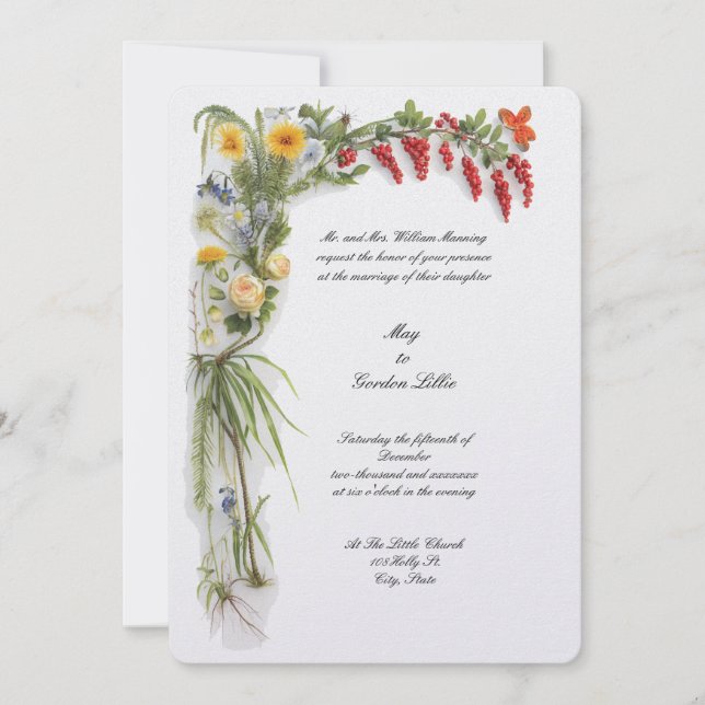 Invitación Boda floral botánica de color retro frontera (Anverso)