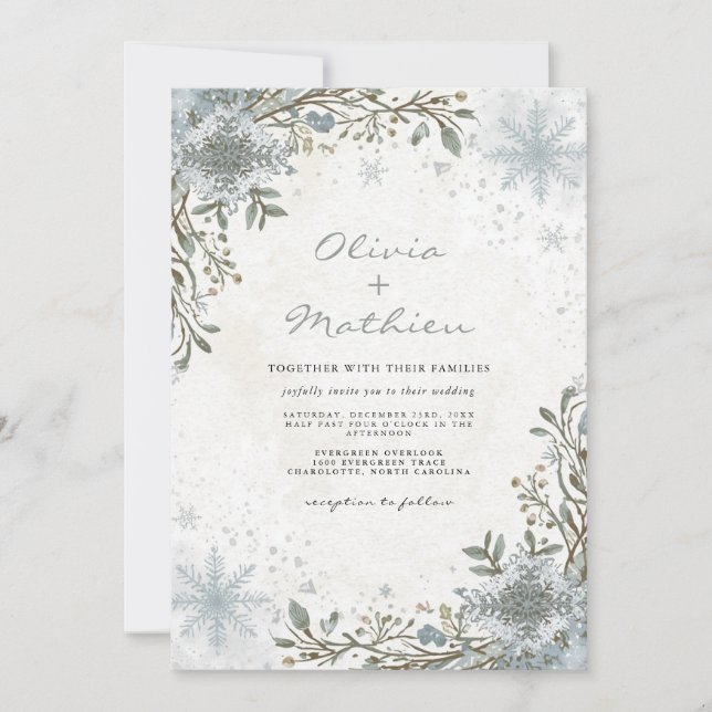 Invitación Boda Floral Botánica de Invierno Azul Frosty (Anverso)