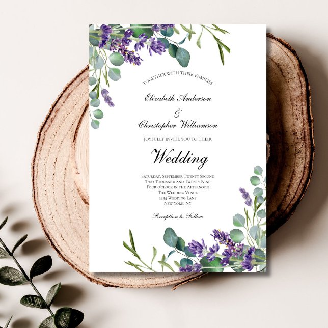 Invitación Boda floral botánica de lavanda y eucalipto (Lavender Eucalyptus Elegant Formal Wedding Invitation. Printed or Digital)