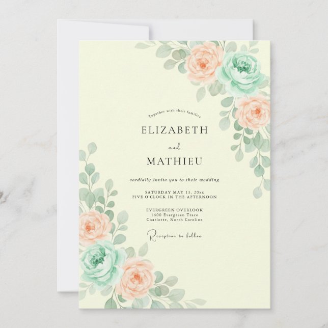 Invitación Boda floral botánica de melocotón y menta (Anverso)