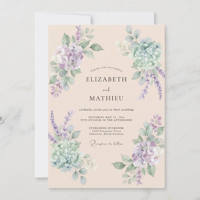 Invitación Boda floral botánica de menta lavanda (Anverso)