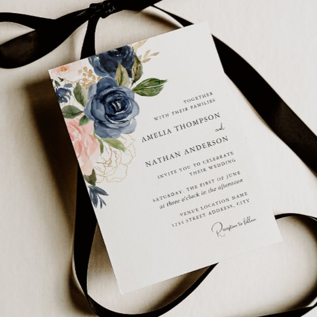 Invitación Boda floral botánica de Navy rubor (Subido por el creador)
