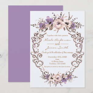 Invitación Boda floral botánica elegante crema púrpura