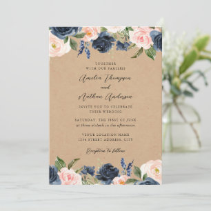 Invitación Boda floral botánica elegante rosa naval rústica