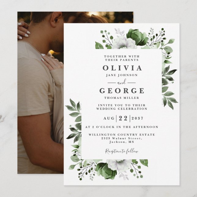Invitación Boda floral botánica elegante verde oliva Foto (Anverso / Reverso)