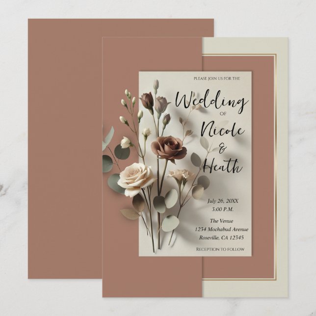 Invitación Boda floral botánica moderna de mousse de mocha (Anverso / Reverso)