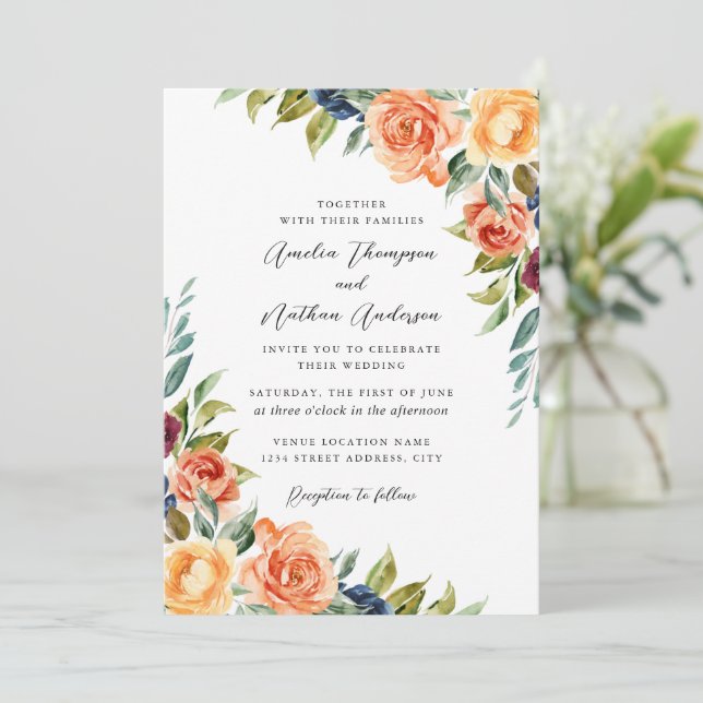 Invitación Boda floral botánica multicolor (Anverso de pie)