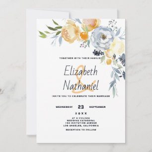 Invitación Boda floral botánica naranja azul blanco país