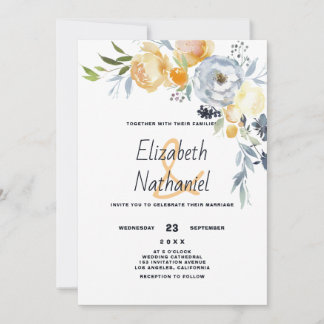 Invitación Boda floral botánica naranja azul blanco país