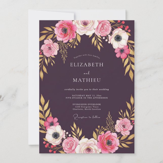 Invitación Boda Floral Botánica Opulenta Ciruela (Anverso)