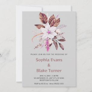 Invitación Boda floral botánica rosa y marrón en gris claro