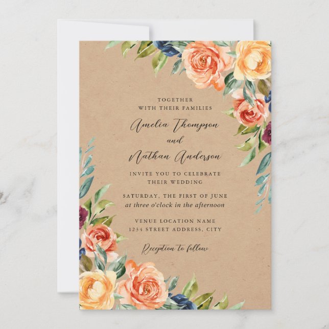 Invitación Boda floral botánica rústica multicolor (Anverso)