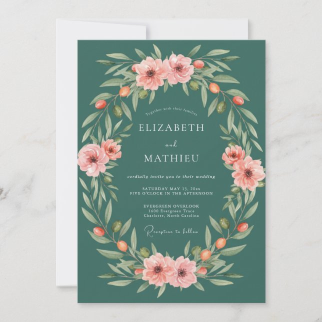 Invitación Boda Floral Botánica Turquesa (Anverso)