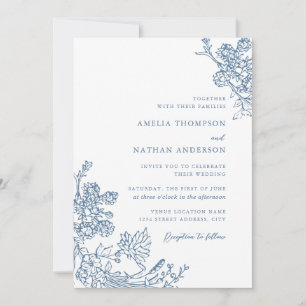 Invitación Boda floral botánica vintage azul polvoriento