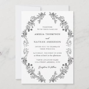 Invitación Boda floral botánica vintage en blanco y negro