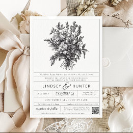 Invitación Boda floral botánica vintage en blanco y negro